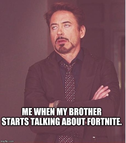 Face You Make Robert Downey Jr | ME WHEN MY BROTHER STARTS TALKING ABOUT FORTNITE. | image tagged in memes,face you make robert downey jr | made w/ Imgflip meme maker