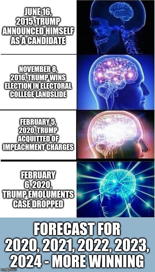Expanding Brain | JUNE 16, 2015, TRUMP ANNOUNCED HIMSELF AS A CANDIDATE; NOVEMBER 8, 2016, TRUMP WINS ELECTION IN ELECTORAL COLLEGE LANDSLIDE; FEBRUARY 5, 2020, TRUMP ACQUITTED OF IMPEACHMENT CHARGES; FEBRUARY 6, 2020, TRUMP EMOLUMENTS CASE DROPPED; FORECAST FOR 2020, 2021, 2022, 2023, 2024 - MORE WINNING | image tagged in memes,expanding brain | made w/ Imgflip meme maker