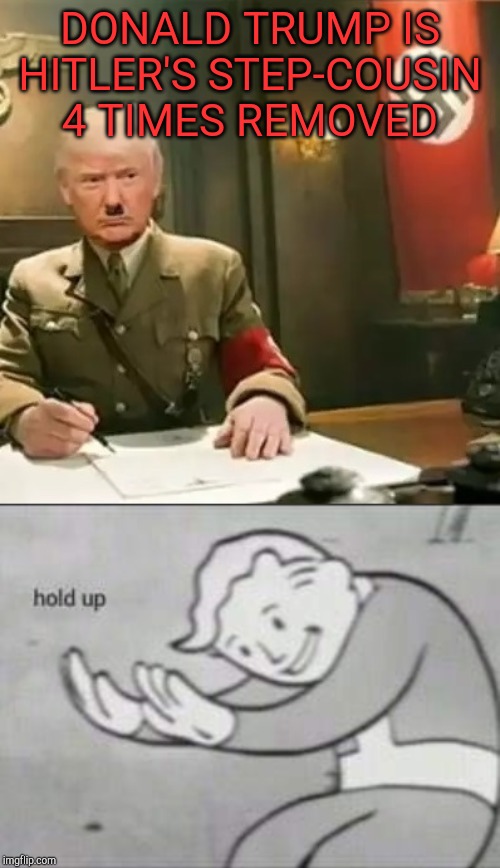  DONALD TRUMP IS HITLER'S STEP-COUSIN 4 TIMES REMOVED | image tagged in donald trump hitler,fallout hold up | made w/ Imgflip meme maker