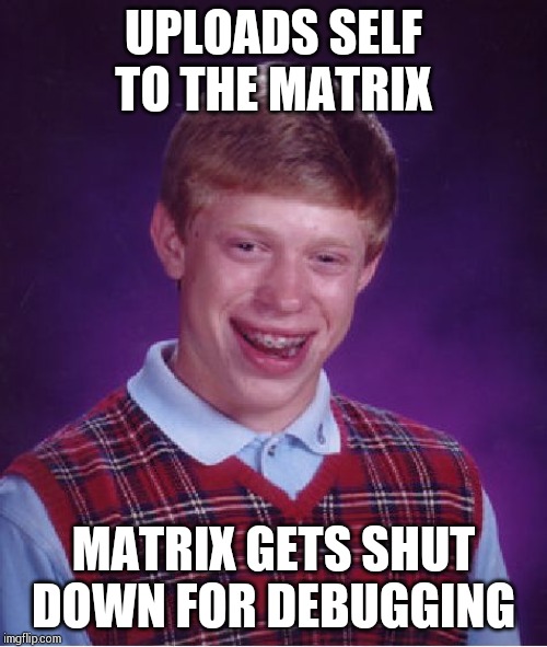 Bad Luck Brian Meme | UPLOADS SELF TO THE MATRIX; MATRIX GETS SHUT DOWN FOR DEBUGGING | image tagged in memes,bad luck brian | made w/ Imgflip meme maker