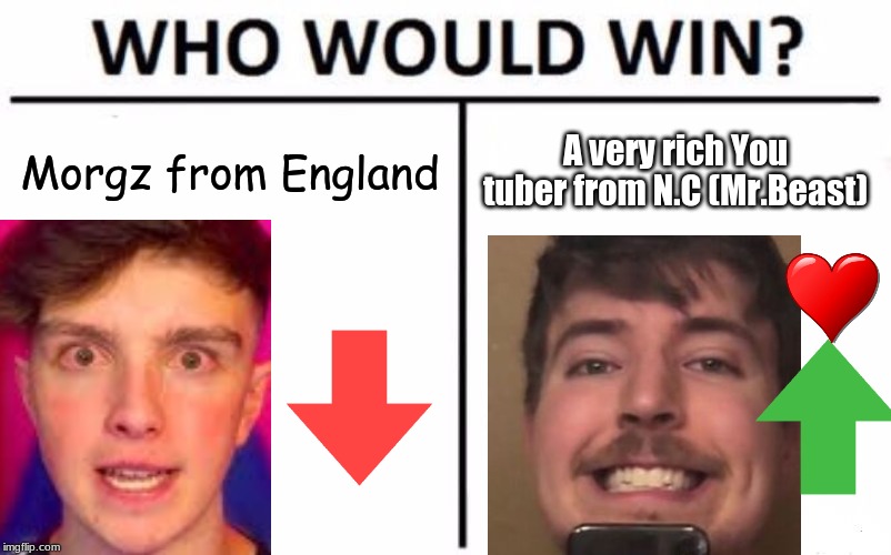 Who Would Win? Meme | Morgz from England; A very rich You tuber from N.C (Mr.Beast) | image tagged in memes,who would win | made w/ Imgflip meme maker