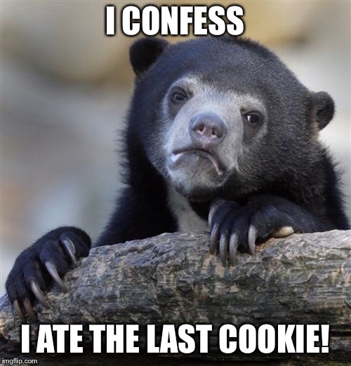 YOU WHAT!!!!!!!! | I CONFESS; I ATE THE LAST COOKIE! | image tagged in memes,confession bear | made w/ Imgflip meme maker