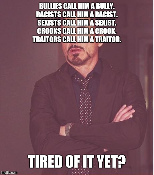 Face You Make Robert Downey Jr Meme | BULLIES CALL HIM A BULLY.
RACISTS CALL HIM A RACIST.
SEXISTS CALL HIM A SEXIST.
CROOKS CALL HIM A CROOK.
TRAITORS CALL HIM A TRAITOR. TIRED OF IT YET? | image tagged in memes,face you make robert downey jr | made w/ Imgflip meme maker