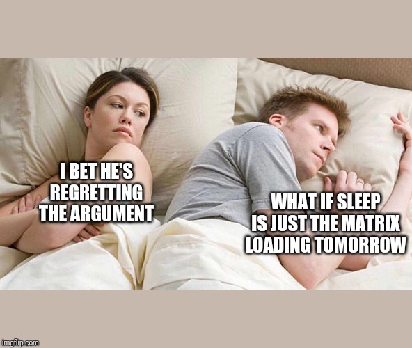 I Bet He's Thinking About Other Women Meme | I BET HE'S REGRETTING THE ARGUMENT; WHAT IF SLEEP IS JUST THE MATRIX LOADING TOMORROW | image tagged in i bet he's thinking about other women | made w/ Imgflip meme maker
