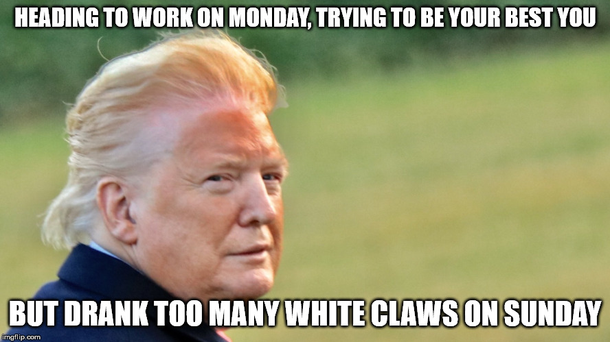 Trump Orange Makup Line | HEADING TO WORK ON MONDAY, TRYING TO BE YOUR BEST YOU; BUT DRANK TOO MANY WHITE CLAWS ON SUNDAY | image tagged in trump orange makup line | made w/ Imgflip meme maker
