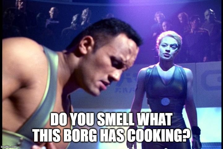 7 vs The Rock | DO YOU SMELL WHAT THIS BORG HAS COOKING? | image tagged in star trek voyager | made w/ Imgflip meme maker