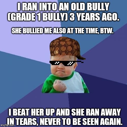 Success Kid Meme | I RAN INTO AN OLD BULLY (GRADE 1 BULLY) 3 YEARS AGO. SHE BULLIED ME ALSO AT THE TIME, BTW. I BEAT HER UP AND SHE RAN AWAY IN TEARS, NEVER TO BE SEEN AGAIN. | image tagged in memes,success kid | made w/ Imgflip meme maker