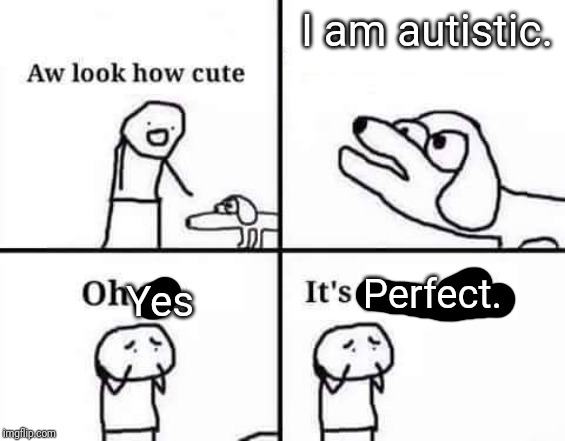 Good dog. |  I am autistic. Yes; Perfect. | image tagged in autism,autistic | made w/ Imgflip meme maker
