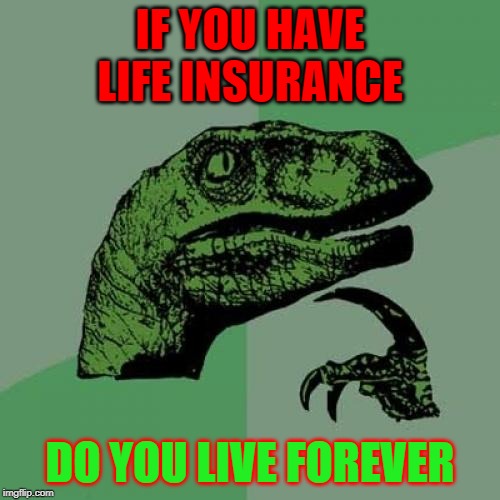 Philosoraptor Meme |  IF YOU HAVE LIFE INSURANCE; DO YOU LIVE FOREVER | image tagged in memes,philosoraptor | made w/ Imgflip meme maker