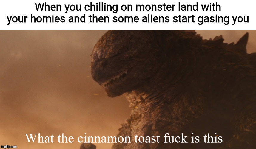 What the cinnamon toast f*ck is this Godzilla | When you chilling on monster land with your homies and then some aliens start gasing you | image tagged in what the cinnamon toast fck is this godzilla | made w/ Imgflip meme maker