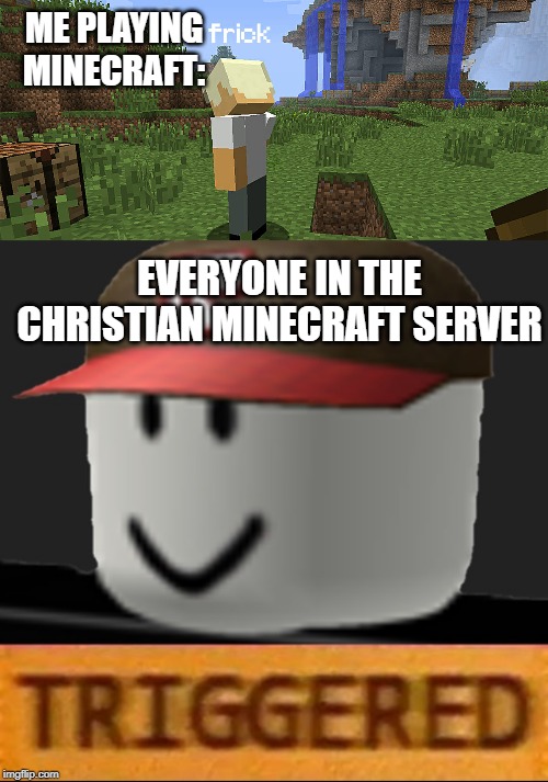 FRICK | ME PLAYING MINECRAFT:; EVERYONE IN THE CHRISTIAN MINECRAFT SERVER | image tagged in roblox triggered,frick,funny,memes,christian,server | made w/ Imgflip meme maker