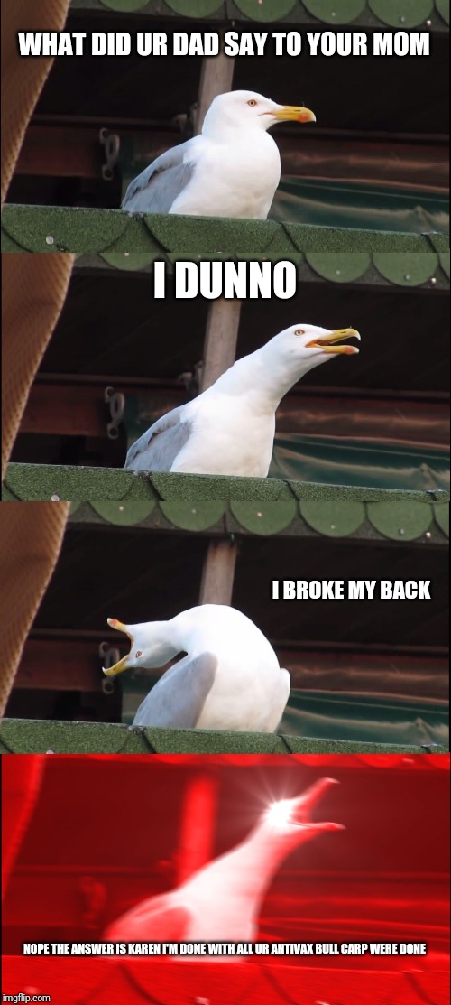 Inhaling Seagull | WHAT DID UR DAD SAY TO YOUR MOM; I DUNNO; I BROKE MY BACK; NOPE THE ANSWER IS KAREN I'M DONE WITH ALL UR ANTIVAX BULL CARP WERE DONE | image tagged in memes,inhaling seagull | made w/ Imgflip meme maker