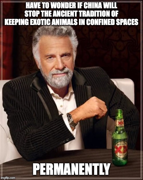 The Most Interesting Man In The World | HAVE TO WONDER IF CHINA WILL STOP THE ANCIENT TRADITION OF KEEPING EXOTIC ANIMALS IN CONFINED SPACES; PERMANENTLY | image tagged in memes,the most interesting man in the world | made w/ Imgflip meme maker