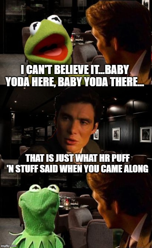 Inception Kermit | I CAN'T BELIEVE IT...BABY YODA HERE, BABY YODA THERE... THAT IS JUST WHAT HR PUFF 'N STUFF SAID WHEN YOU CAME ALONG | image tagged in inception kermit | made w/ Imgflip meme maker