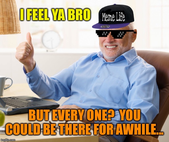 Harold meme life | I FEEL YA BRO BUT EVERY ONE?  YOU COULD BE THERE FOR AWHILE... | image tagged in harold meme life | made w/ Imgflip meme maker