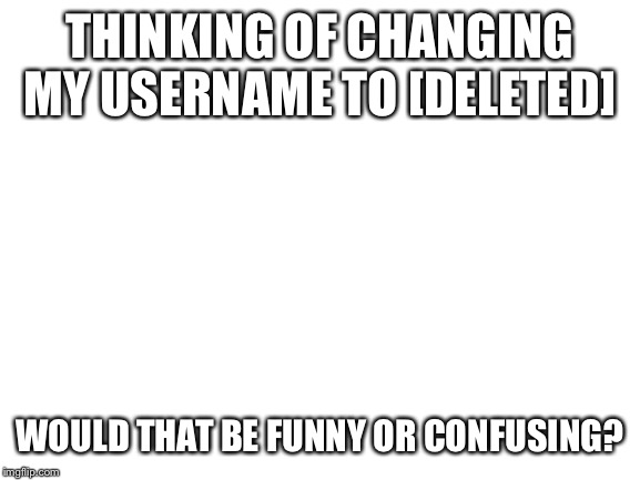 Blank White Template | THINKING OF CHANGING MY USERNAME TO [DELETED]; WOULD THAT BE FUNNY OR CONFUSING? | image tagged in blank white template | made w/ Imgflip meme maker