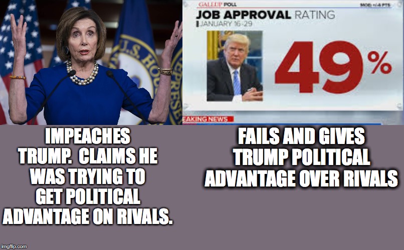 IMPEACHES TRUMP.  CLAIMS HE WAS TRYING TO GET POLITICAL ADVANTAGE ON RIVALS. FAILS AND GIVES TRUMP POLITICAL ADVANTAGE OVER RIVALS | made w/ Imgflip meme maker