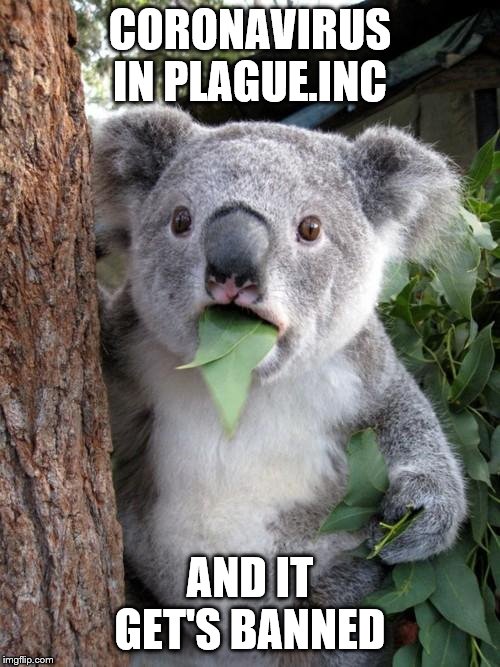 Surprised Koala |  CORONAVIRUS IN PLAGUE.INC; AND IT GET'S BANNED | image tagged in memes,surprised koala | made w/ Imgflip meme maker