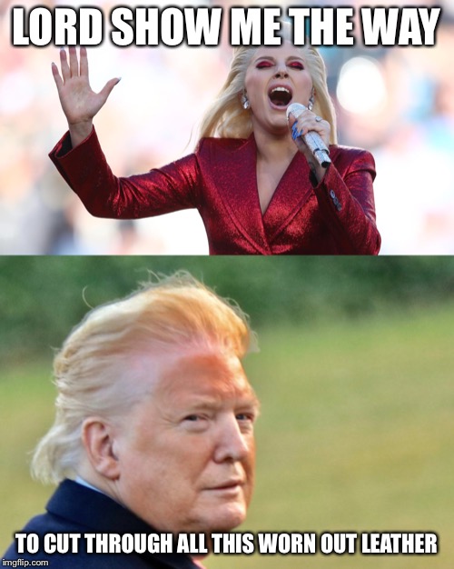 LORD SHOW ME THE WAY; TO CUT THROUGH ALL THIS WORN OUT LEATHER | image tagged in lady gaga,donald trump,trump,gaga,orange | made w/ Imgflip meme maker