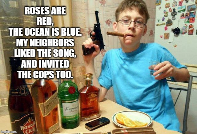 lit | ROSES ARE RED,
THE OCEAN IS BLUE.
MY NEIGHBORS LIKED THE SONG,
AND INVITED THE COPS TOO. | image tagged in haha | made w/ Imgflip meme maker