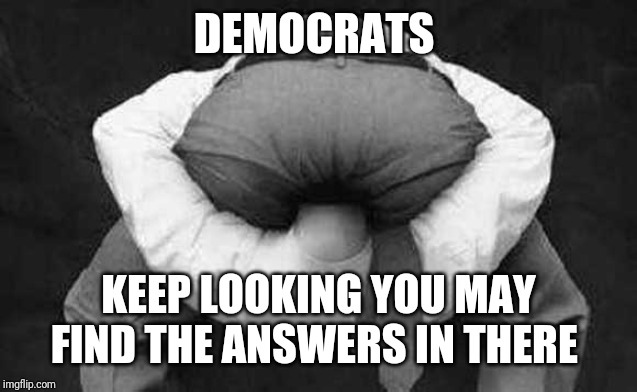 Head up ass  | DEMOCRATS; KEEP LOOKING YOU MAY FIND THE ANSWERS IN THERE | image tagged in head up ass | made w/ Imgflip meme maker