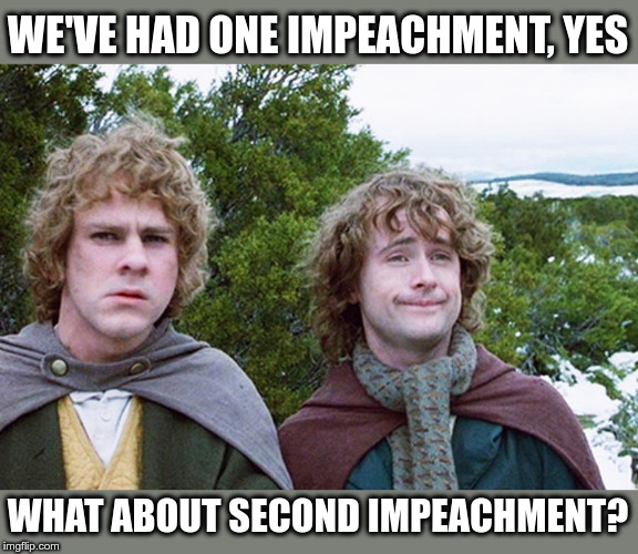 Second Impeachment | WE'VE HAD ONE IMPEACHMENT, YES; WHAT ABOUT SECOND IMPEACHMENT? | image tagged in lord of the rings,impeachment,impeach,donald trump,political meme | made w/ Imgflip meme maker
