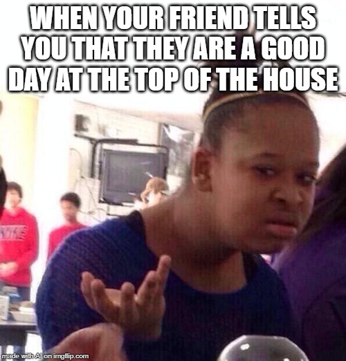 ai meme generator | WHEN YOUR FRIEND TELLS YOU THAT THEY ARE A GOOD DAY AT THE TOP OF THE HOUSE | image tagged in memes,black girl wat,artificial intelligence,not funny | made w/ Imgflip meme maker