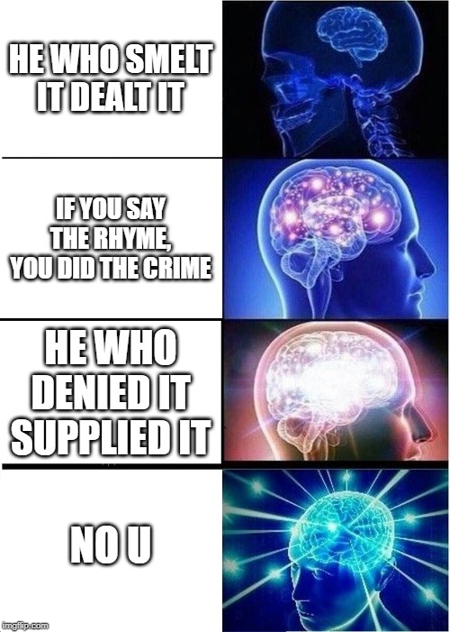 Expanding Brain Meme | HE WHO SMELT IT DEALT IT; IF YOU SAY THE RHYME, YOU DID THE CRIME; HE WHO DENIED IT SUPPLIED IT; NO U | image tagged in memes,expanding brain,funny meme | made w/ Imgflip meme maker