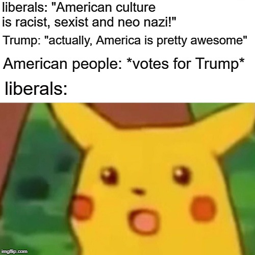 Surprised Pikachu | liberals: "American culture is racist, sexist and neo nazi!"; Trump: "actually, America is pretty awesome"; American people: *votes for Trump*; liberals: | image tagged in memes,surprised pikachu,donald trump,maga,liberals,republicans | made w/ Imgflip meme maker