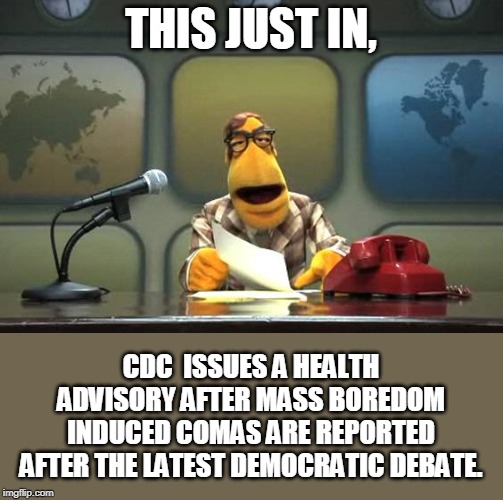 Muppet News Flash | THIS JUST IN, CDC  ISSUES A HEALTH ADVISORY AFTER MASS BOREDOM INDUCED COMAS ARE REPORTED AFTER THE LATEST DEMOCRATIC DEBATE. | image tagged in muppet news flash | made w/ Imgflip meme maker