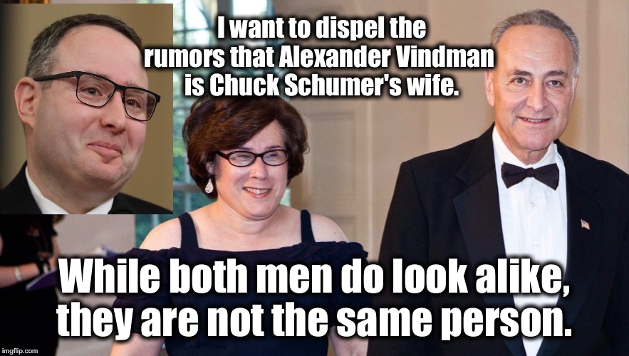 Alexander Vindman is Not Married to Chuck Schumer | I want to dispel the rumors that Alexander Vindman 
is Chuck Schumer's wife. While both men do look alike, they are not the same person. | image tagged in vindman,chuck schumer,iris,trump derangement syndrome | made w/ Imgflip meme maker