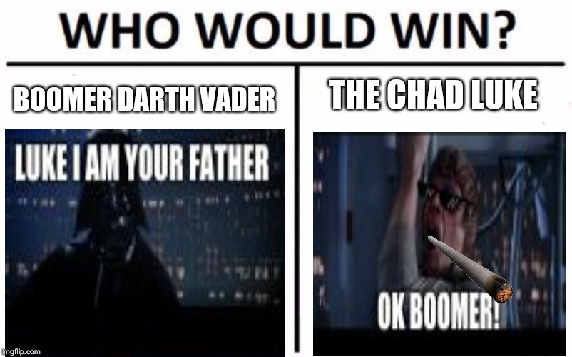 Who Would Win? Meme | THE CHAD LUKE; BOOMER DARTH VADER | image tagged in memes,who would win | made w/ Imgflip meme maker