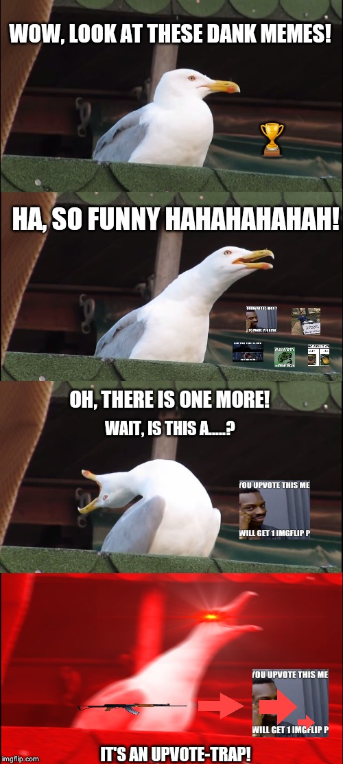 Inhaling Seagull | WOW, LOOK AT THESE DANK MEMES! 🏆; HA, SO FUNNY HAHAHAHAHAH! OH, THERE IS ONE MORE! WAIT, IS THIS A.....? IT'S AN UPVOTE-TRAP! | image tagged in memes,inhaling seagull | made w/ Imgflip meme maker