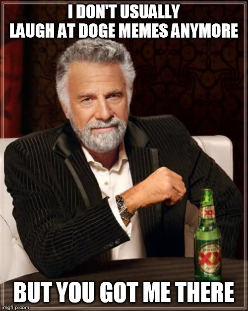 The Most Interesting Man In The World Meme | I DON'T USUALLY LAUGH AT DOGE MEMES ANYMORE BUT YOU GOT ME THERE | image tagged in memes,the most interesting man in the world | made w/ Imgflip meme maker