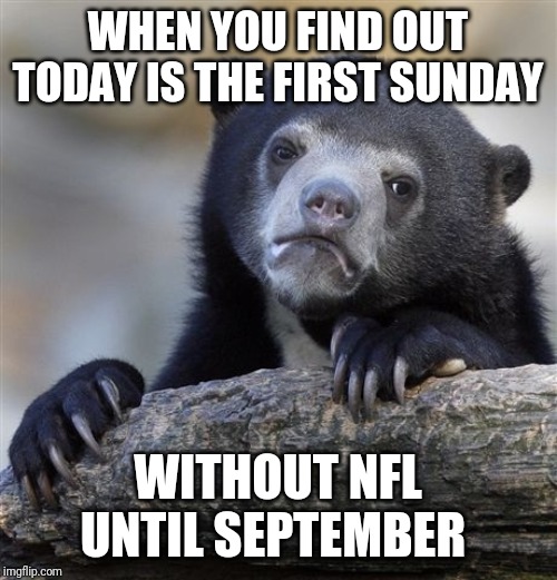 Nfl fans be like | WHEN YOU FIND OUT TODAY IS THE FIRST SUNDAY; WITHOUT NFL UNTIL SEPTEMBER | image tagged in memes,confession bear,nfl memes,nfl | made w/ Imgflip meme maker