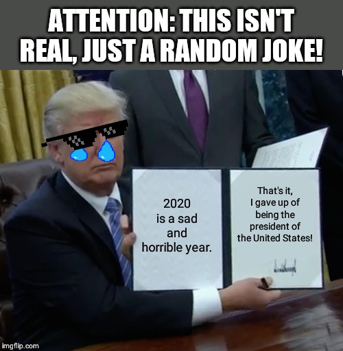 Trump Bill Signing Meme | ATTENTION: THIS ISN'T REAL, JUST A RANDOM JOKE! 2020 is a sad and horrible year. That's it, I gave up of being the president of the United States! | image tagged in memes,trump bill signing | made w/ Imgflip meme maker