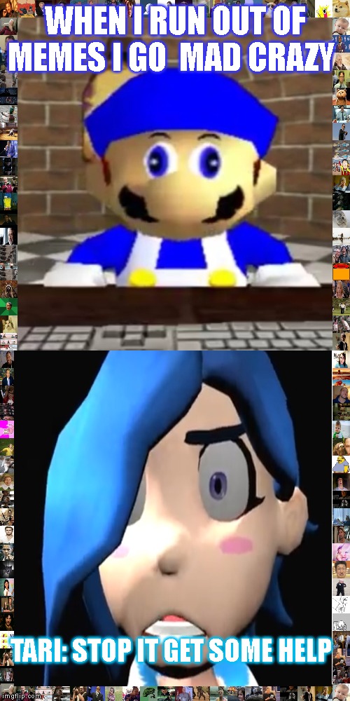 Smg4 derp | WHEN I RUN OUT OF MEMES I GO  MAD CRAZY; TARI: STOP IT GET SOME HELP | image tagged in smg4 derp | made w/ Imgflip meme maker