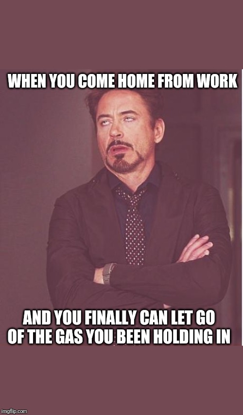 Face You Make Robert Downey Jr Meme | WHEN YOU COME HOME FROM WORK; AND YOU FINALLY CAN LET GO OF THE GAS YOU BEEN HOLDING IN | image tagged in memes,face you make robert downey jr | made w/ Imgflip meme maker