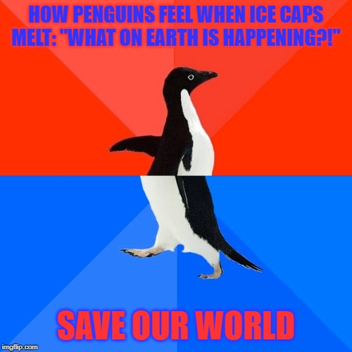 Melting Ice Caps | HOW PENGUINS FEEL WHEN ICE CAPS MELT: "WHAT ON EARTH IS HAPPENING?!"; SAVE OUR WORLD | image tagged in memes,socially awesome awkward penguin,save the earth,climate change | made w/ Imgflip meme maker