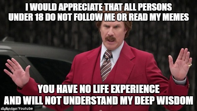 Can we just appreciate Ron Burgundy | I WOULD APPRECIATE THAT ALL PERSONS UNDER 18 DO NOT FOLLOW ME OR READ MY MEMES; YOU HAVE NO LIFE EXPERIENCE AND WILL NOT UNDERSTAND MY DEEP WISDOM | image tagged in can we just appreciate ron burgundy | made w/ Imgflip meme maker