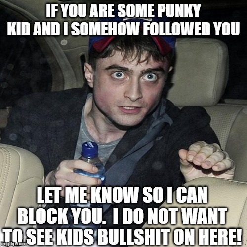 harry potter crazy | IF YOU ARE SOME PUNKY KID AND I SOMEHOW FOLLOWED YOU; LET ME KNOW SO I CAN BLOCK YOU.  I DO NOT WANT TO SEE KIDS BULLSHIT ON HERE! | image tagged in harry potter crazy | made w/ Imgflip meme maker