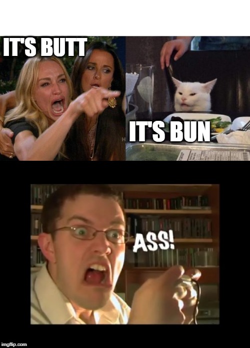 The Nerd knowhs it better | IT'S BUTT; IT'S BUN | image tagged in memes,woman yelling at cat,ass,butts,avgn | made w/ Imgflip meme maker