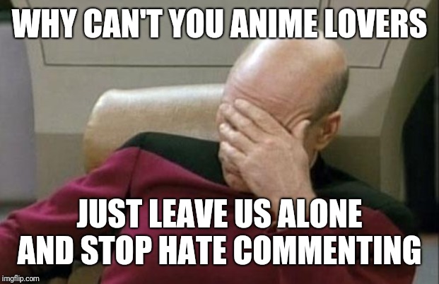 Captain Picard Facepalm Meme | WHY CAN'T YOU ANIME LOVERS; JUST LEAVE US ALONE AND STOP HATE COMMENTING | image tagged in memes,captain picard facepalm | made w/ Imgflip meme maker