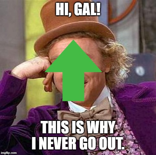 Creepy Condescending Wonka | HI, GAL! THIS IS WHY I NEVER GO OUT. | image tagged in memes,creepy condescending wonka | made w/ Imgflip meme maker