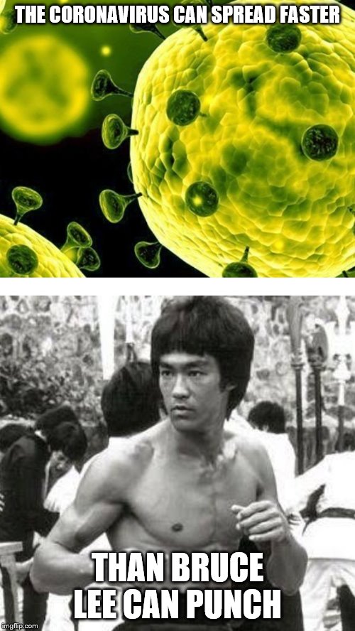 Coronavirus Pun |  THE CORONAVIRUS CAN SPREAD FASTER; THAN BRUCE LEE CAN PUNCH | image tagged in coronavirus pun | made w/ Imgflip meme maker