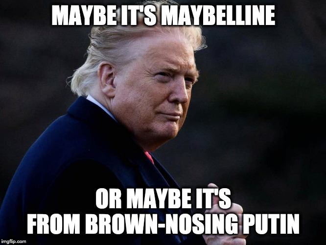 Maybe it's from brown-nosing | MAYBE IT'S MAYBELLINE; OR MAYBE IT'S FROM BROWN-NOSING PUTIN | image tagged in donald trump,orange,orange face | made w/ Imgflip meme maker