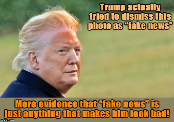 Fake news! | Trump actually tried to dismiss this photo as “fake news”; More evidence that “fake news” is just anything that makes him look bad! | image tagged in trump bad face day,fake news,trump,politics lol,lol,orange trump | made w/ Imgflip meme maker