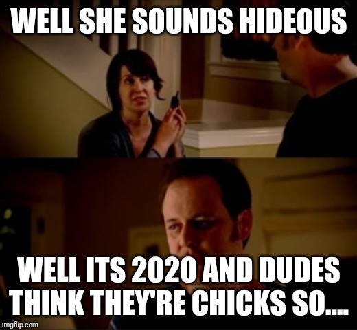Jake from state farm | WELL SHE SOUNDS HIDEOUS WELL ITS 2020 AND DUDES THINK THEY'RE CHICKS SO.... | image tagged in jake from state farm | made w/ Imgflip meme maker