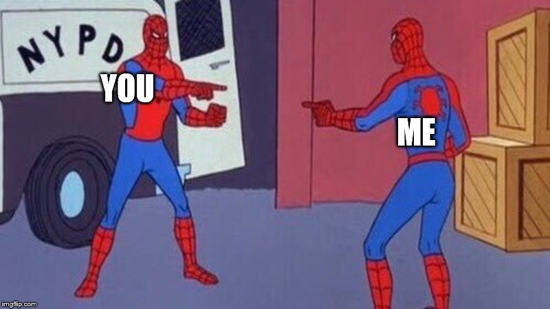 YOU ME | image tagged in spiderman pointing at spiderman | made w/ Imgflip meme maker