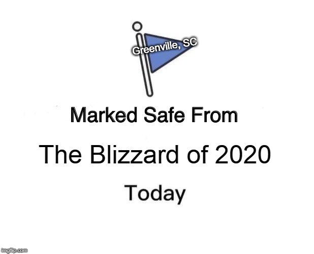 Marked Safe From Meme | Greenville, SC; The Blizzard of 2020 | image tagged in memes,marked safe from | made w/ Imgflip meme maker